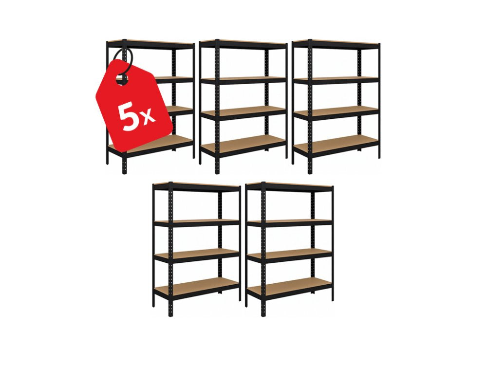 Regál 1500x700x300 mm lakovaný 4-policový, nosnost 700 kg - černý - 5ks