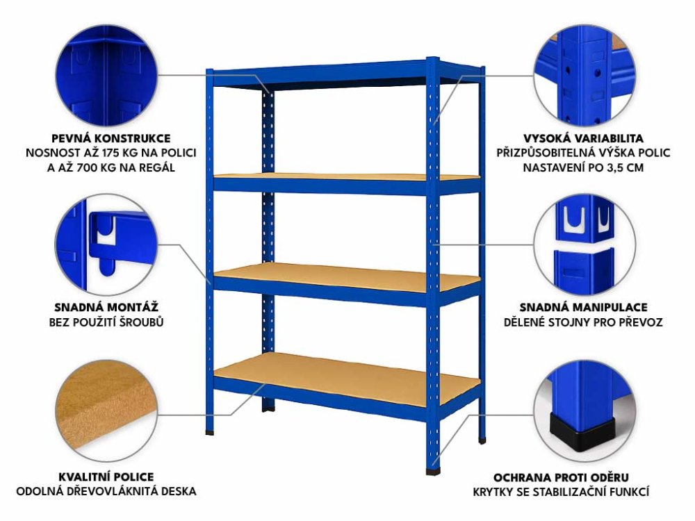 Regál 1500x700x300 mm lakovaný 4-policový, nosnost 700 kg - modrý