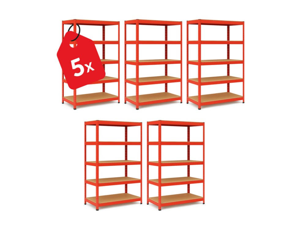 Regál 1800x900x400 mm lakovaný 5-policový, nosnost 875 kg - červený - 5ks