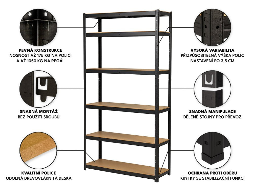 Regál 2400x900x500 mm lakovaný 6-policový, nosnost 1050 kg - černý