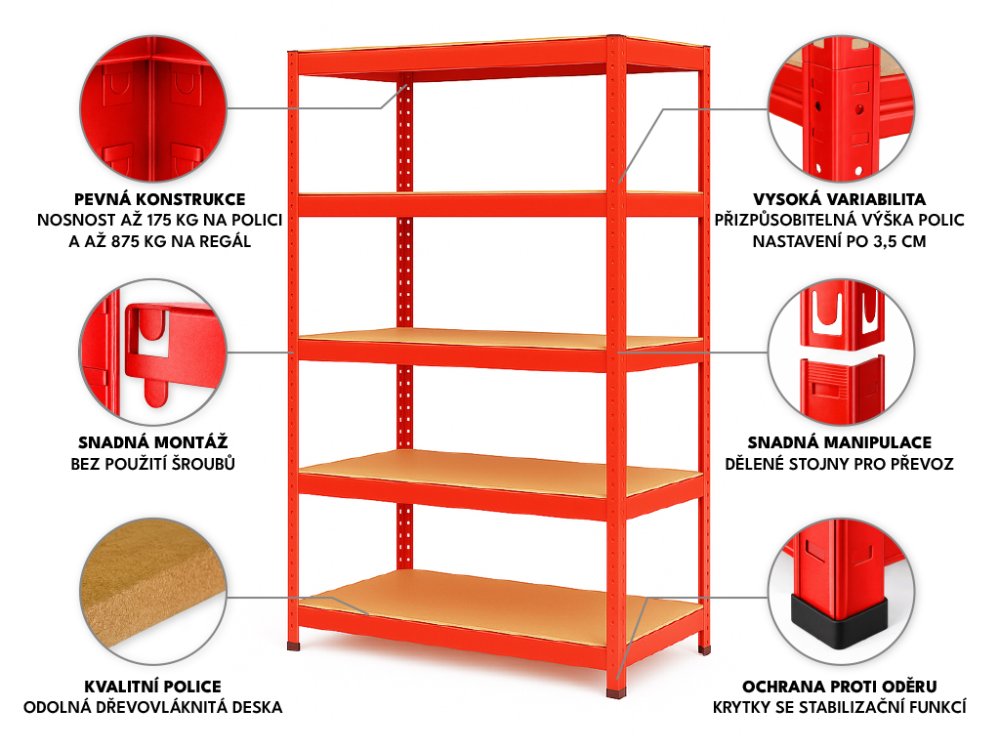 Regál 1800x900x400 mm lakovaný 5-policový, nosnost 875 kg - červený - 5ks