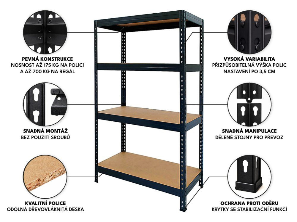 Regál 1500x700x300 mm lakovaný 4-policový, nosnost 700 kg, RIVET - černý