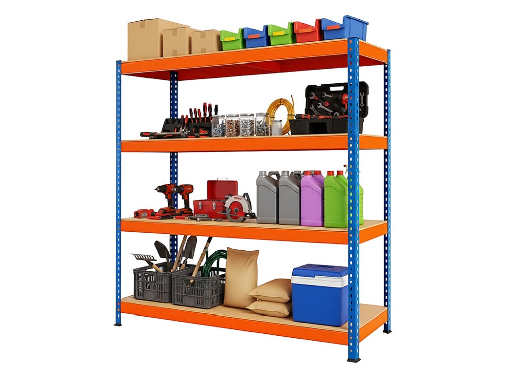Regál 1800x1200x500 mm profesionální 4-policový, nosnost 1200 kg - modro-oranžový