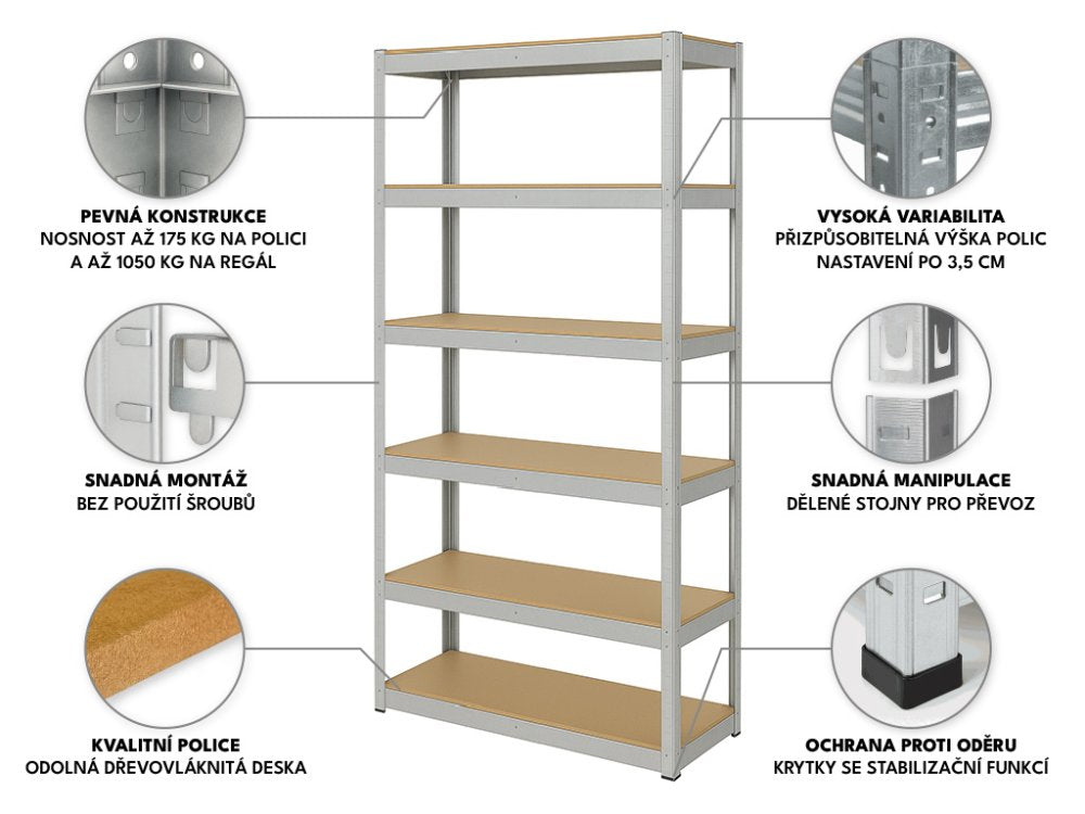 Regál 2400x900x600 mm zinkovaný 6-policový, nosnost 1050 kg