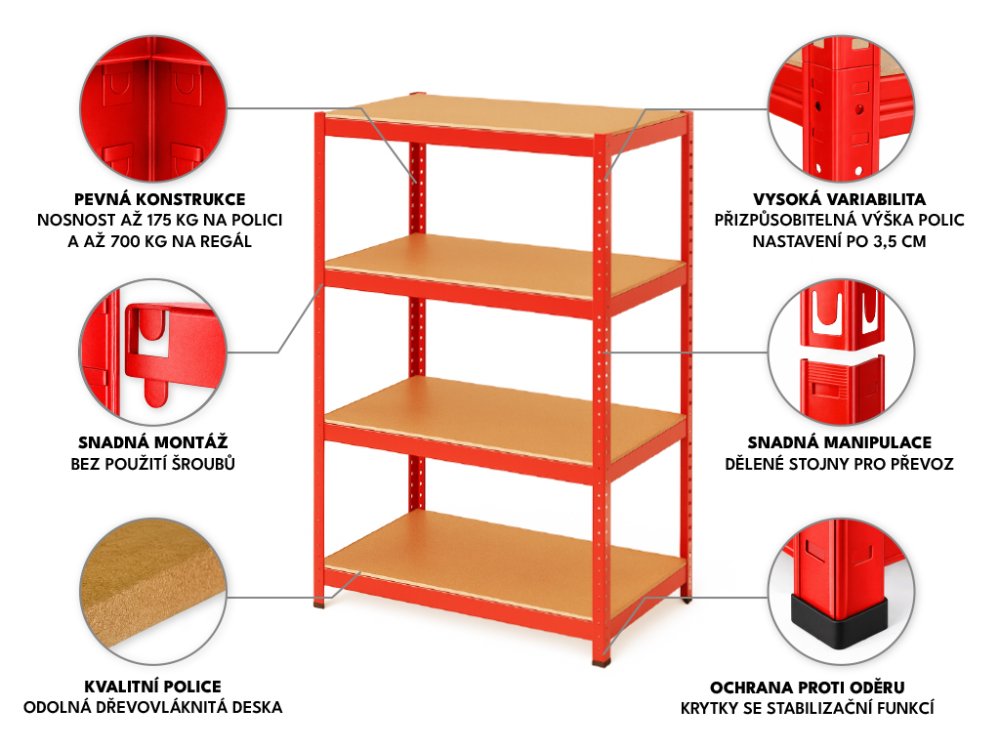 Regál 1500x700x300 mm lakovaný 4-policový, nosnost 700 kg - červený