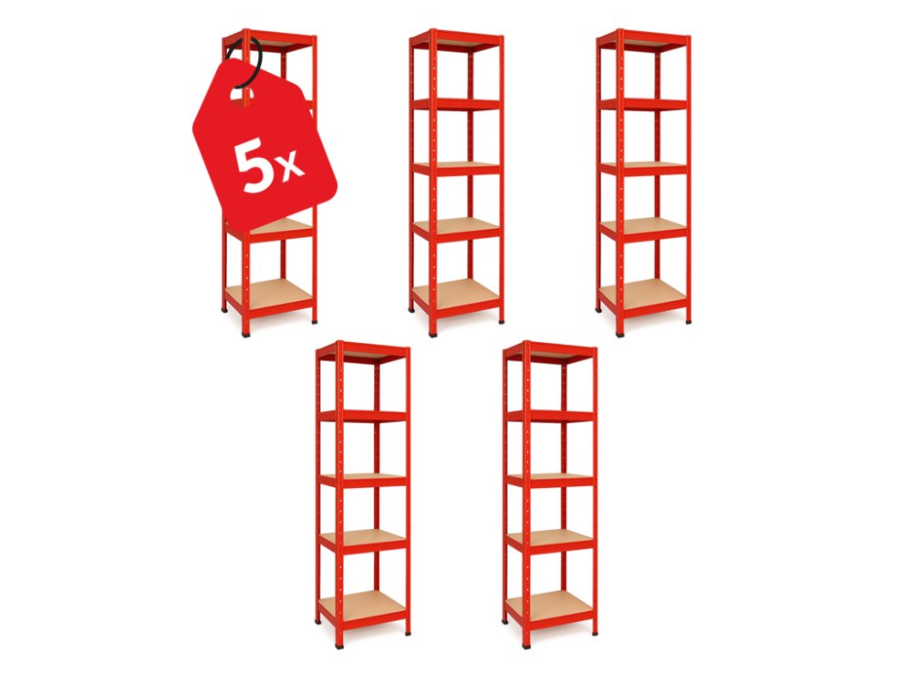 Regál 1800x400x400 mm lakovaný 5-policový, nosnost 875 kg - červený - 5ks
