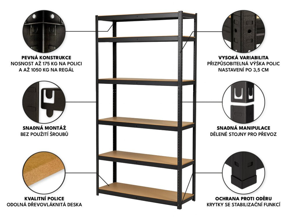 Regál 2400x900x400 mm lakovaný 6-policový, nosnost 1050 kg - černý