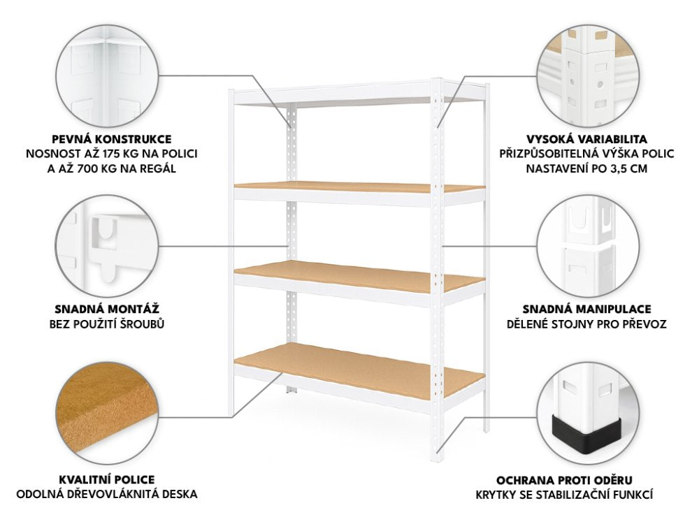 Regál 1500x700x300 mm lakovaný 4-policový, nosnost 700 kg - bílý