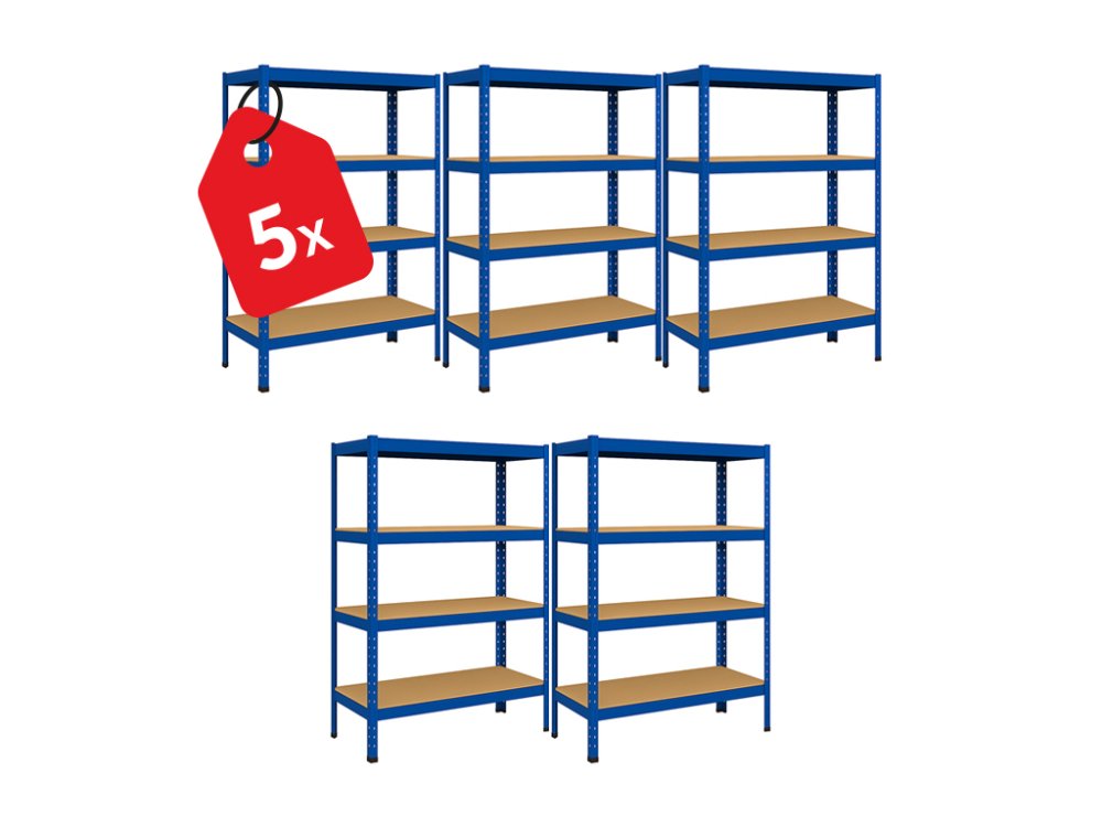 Regál 1500x700x300 mm lakovaný 4-policový, nosnost 700 kg - modrý - 5ks