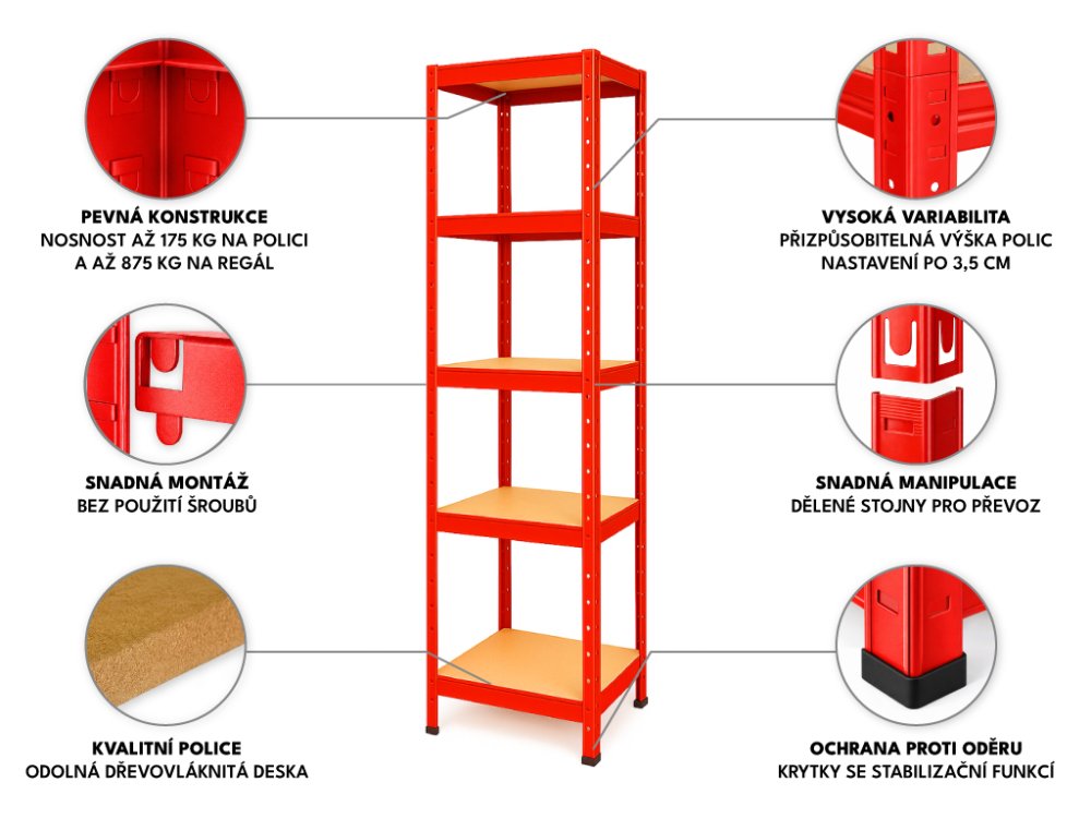 Regál 1800x400x400 mm lakovaný 5-policový, nosnost 875 kg - červený