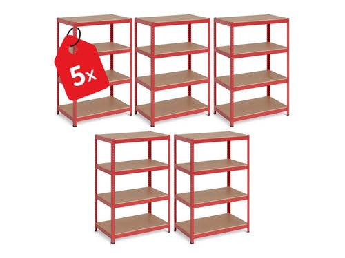 Regál 1500x700x300 mm lakovaný 4-policový, nosnost 700 kg - červený - 5ks