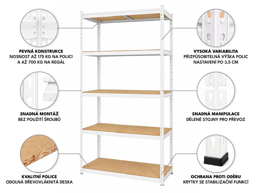 Regál 1830x900x300 mm lakovaný 5-policový, nosnost 875 kg, RIVET - bílý