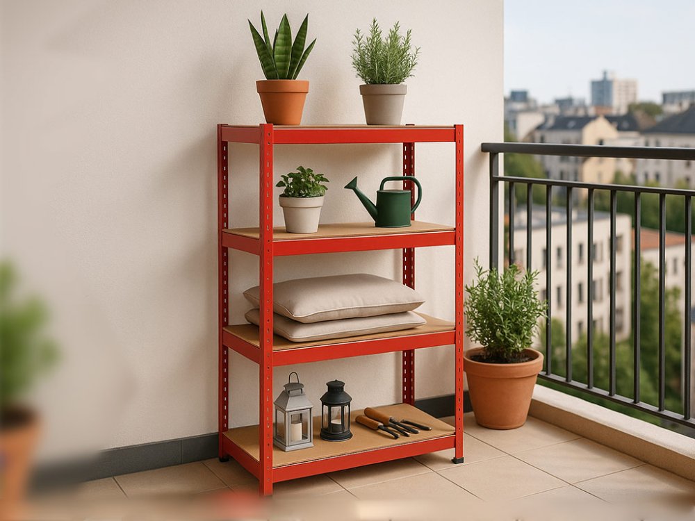 Regál 1500x700x300 mm lakovaný 4-policový, nosnost 700 kg - červený