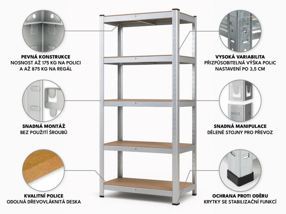 Regál 1800x900x300 mm robustní zinkovaný 5-policový, nosnost 875 kg