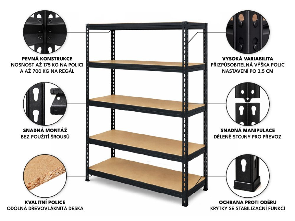 Regál 1830x900x400 mm lakovaný 5-policový, nosnost 875 kg, RIVET - černý