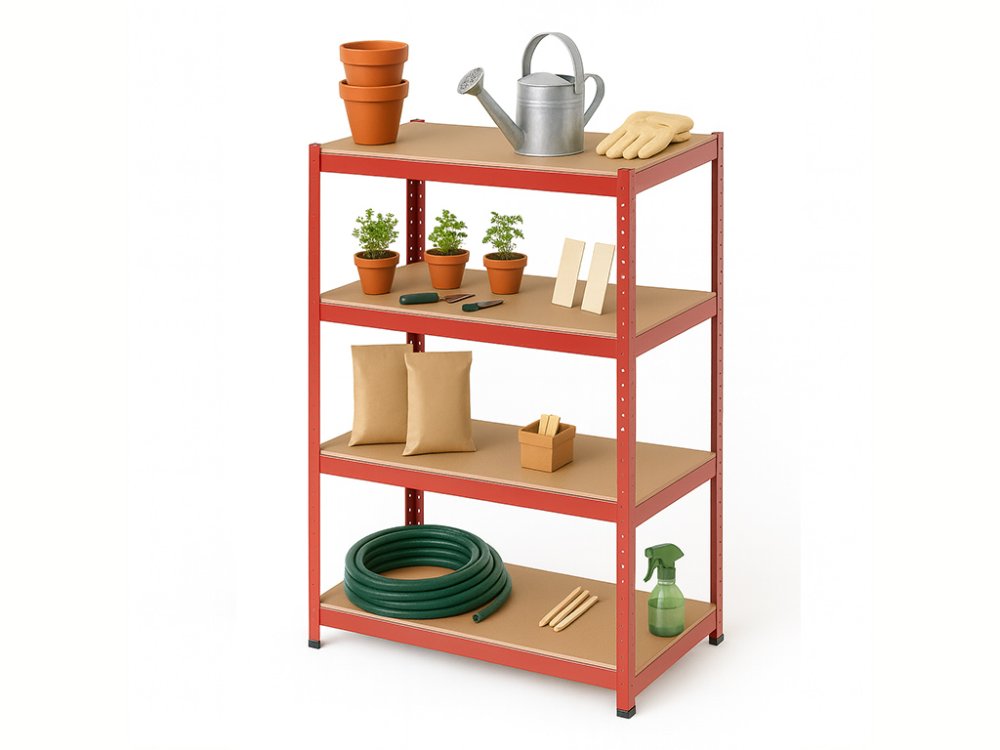 Regál 1500x700x300 mm lakovaný 4-policový, nosnost 700 kg - červený