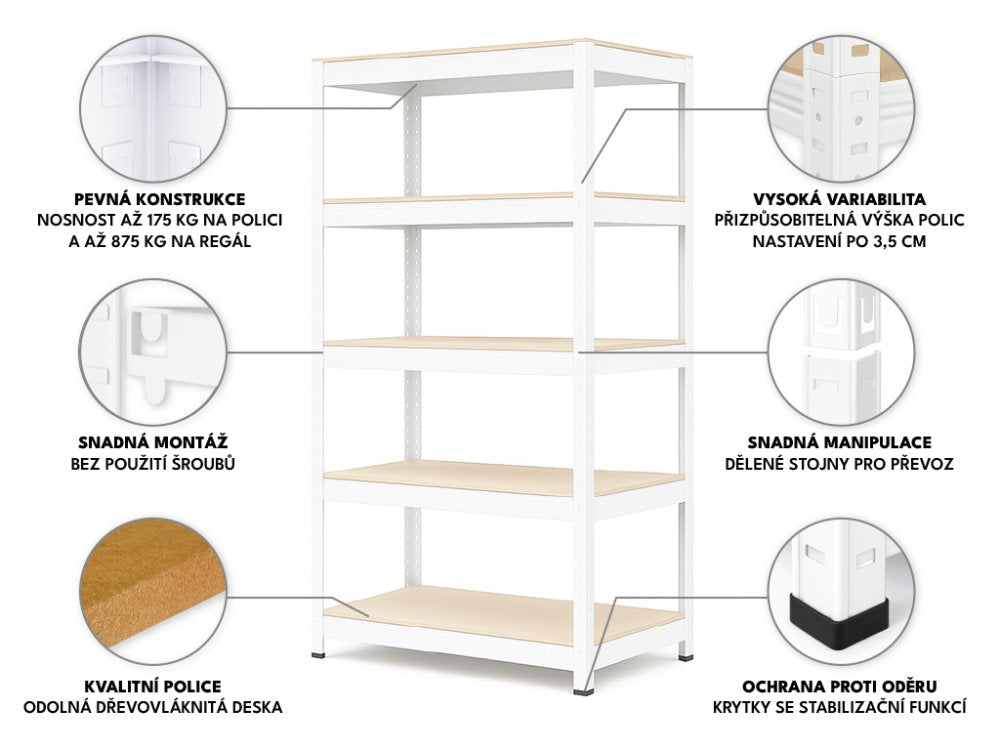 Regál 1800x900x400 mm lakovaný 5-policový, nosnost 875 kg - bílý - 5ks
