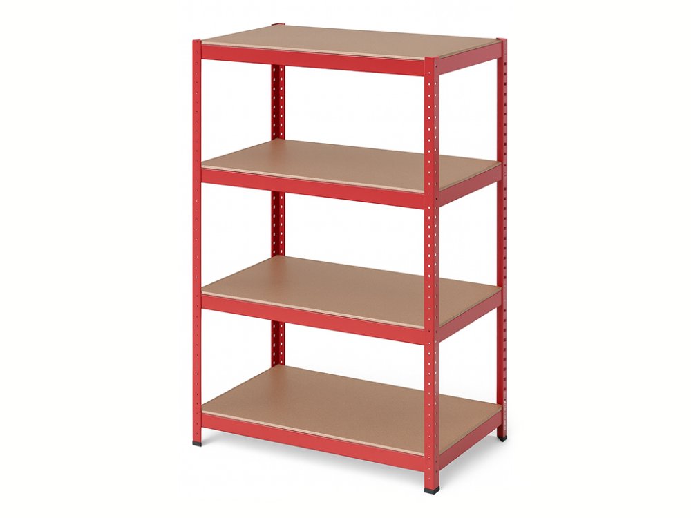 Regál 1500x700x300 mm lakovaný 4-policový, nosnost 700 kg - červený - 5ks