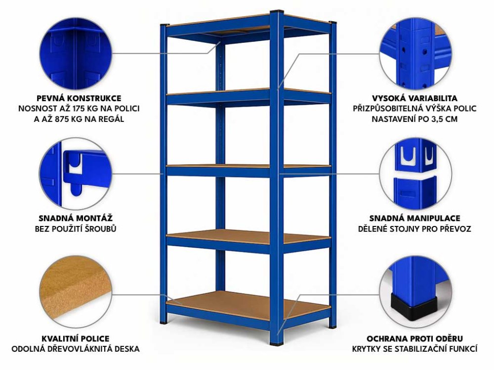 Regál 1800x900x400 mm lakovaný 5-policový, nosnost 875 kg - modrý - 5ks