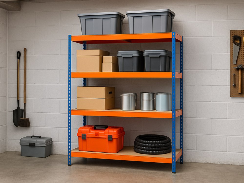 Regál 1800x1600x500 mm profesionální 4-policový, nosnost 1200 kg - modro-oranžový
