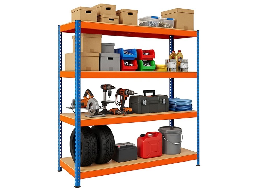 Regál 1800x1200x500 mm profesionální 4-policový, nosnost 1200 kg - modro-oranžový