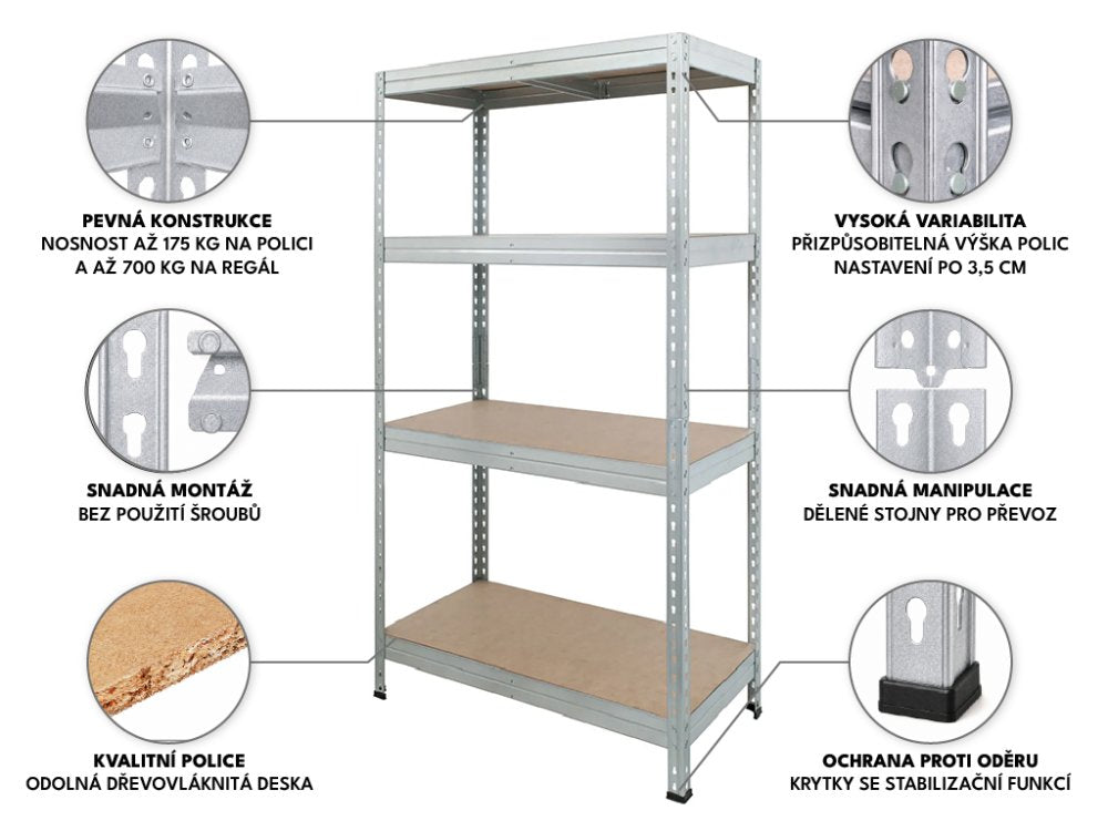 Regál 1500x700x300 mm zinkovaný 4-policový, nosnost 700 kg, RIVET