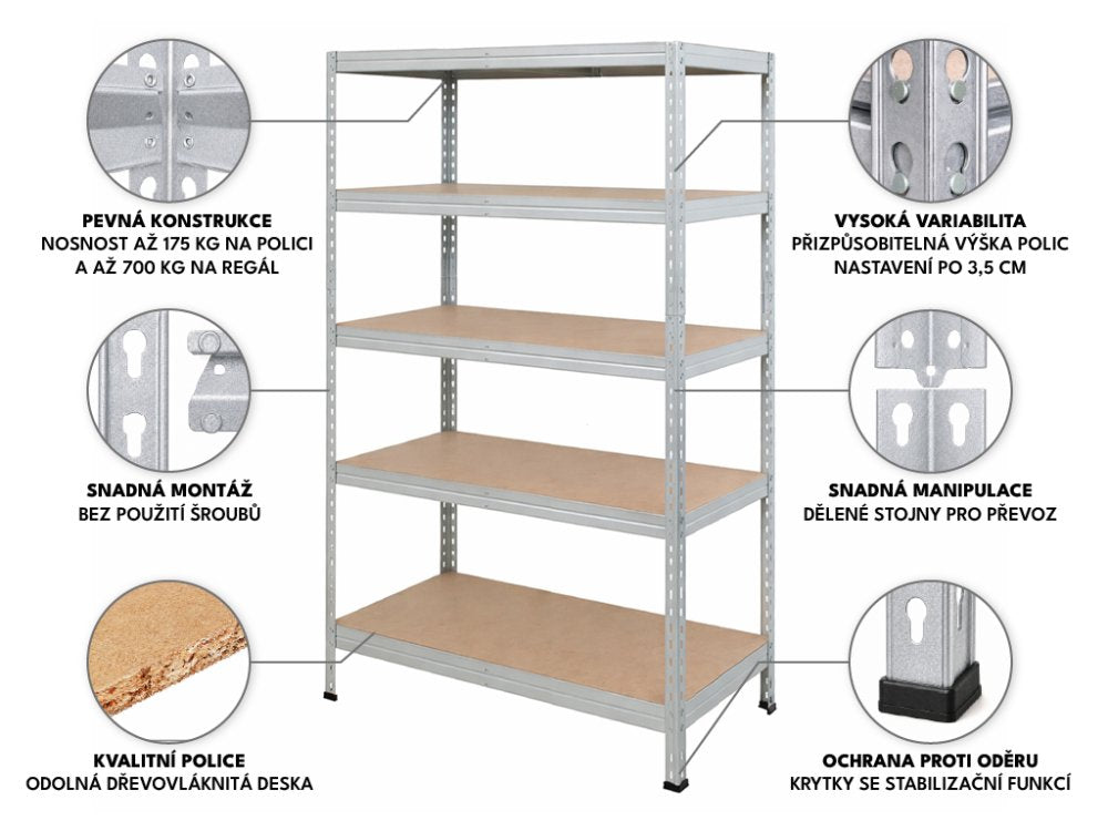 Regál 1830x600x400 mm zinkovaný 5-policový, nosnost 875 kg, RIVET